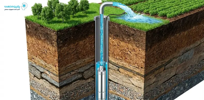 پمپ شناور استیل در حال استخراج آب از چاه عمیق کشاورزی